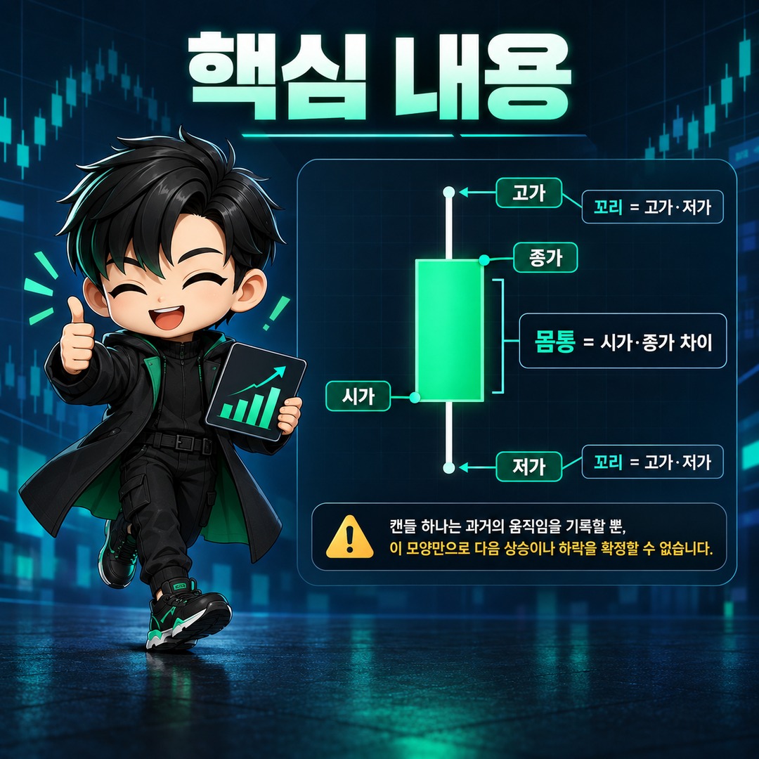 캔들 보는 방법, 시가·종가와 꼬리로 알 수 있는 가격 움직임 - 핵심 내용 핵심 내용을 정리한 정보형 이미지