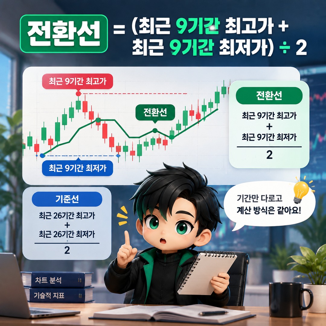 일목균형표 보는 방법, 구름대보다 먼저 봐야 할 5가지 - 전환선 = (최근 9기간 최고가 + 최근 9기간 최저가) ÷ 2 핵심 내용을 정리한 정보형 이미지