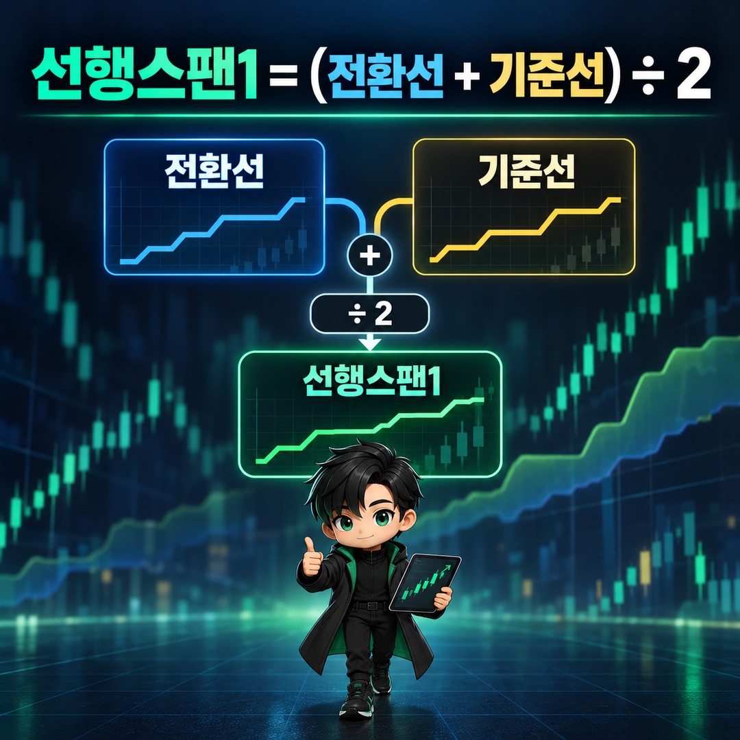 일목균형표 보는 방법, 구름대보다 먼저 봐야 할 5가지 - 선행스팬1 = (전환선 + 기준선) ÷ 2 핵심 내용을 정리한 정보형 이미지