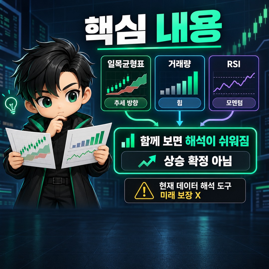일목균형표·거래량·RSI로 상승 하락을 읽는 법, 세 지표가 같은 방향일 때 봐야 할 것 - 핵심 내용 핵심 내용을 정리한 정보형 이미지