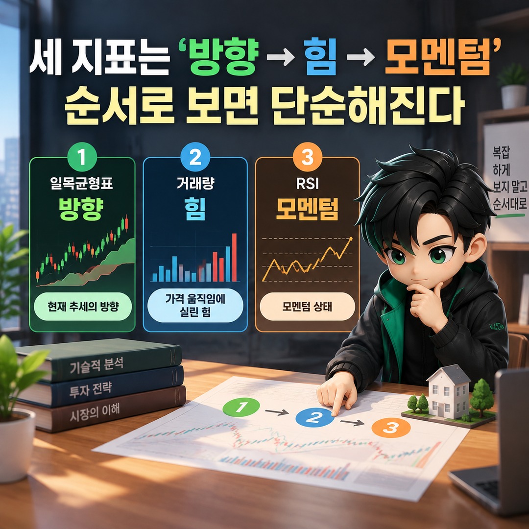 일목균형표·거래량·RSI로 상승 하락을 읽는 법, 세 지표가 같은 방향일 때 봐야 할 것 - 세 지표는 ‘방향 → 힘 → 모멘텀’ 순서로 보면 단순해진다 핵심 내용을 정리한 정보형 이미지