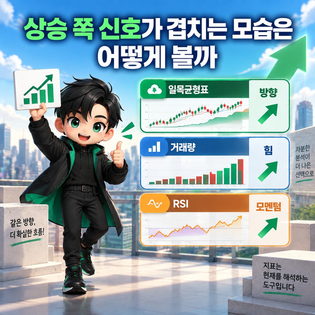 일목균형표·거래량·RSI로 상승 하락을 읽는 법, 세 지표가 같은 방향일 때 봐야 할 것 - 상승 쪽 신호가 겹치는 모습은 어떻게 볼까 핵심 내용을 정리한 정보형 이미지