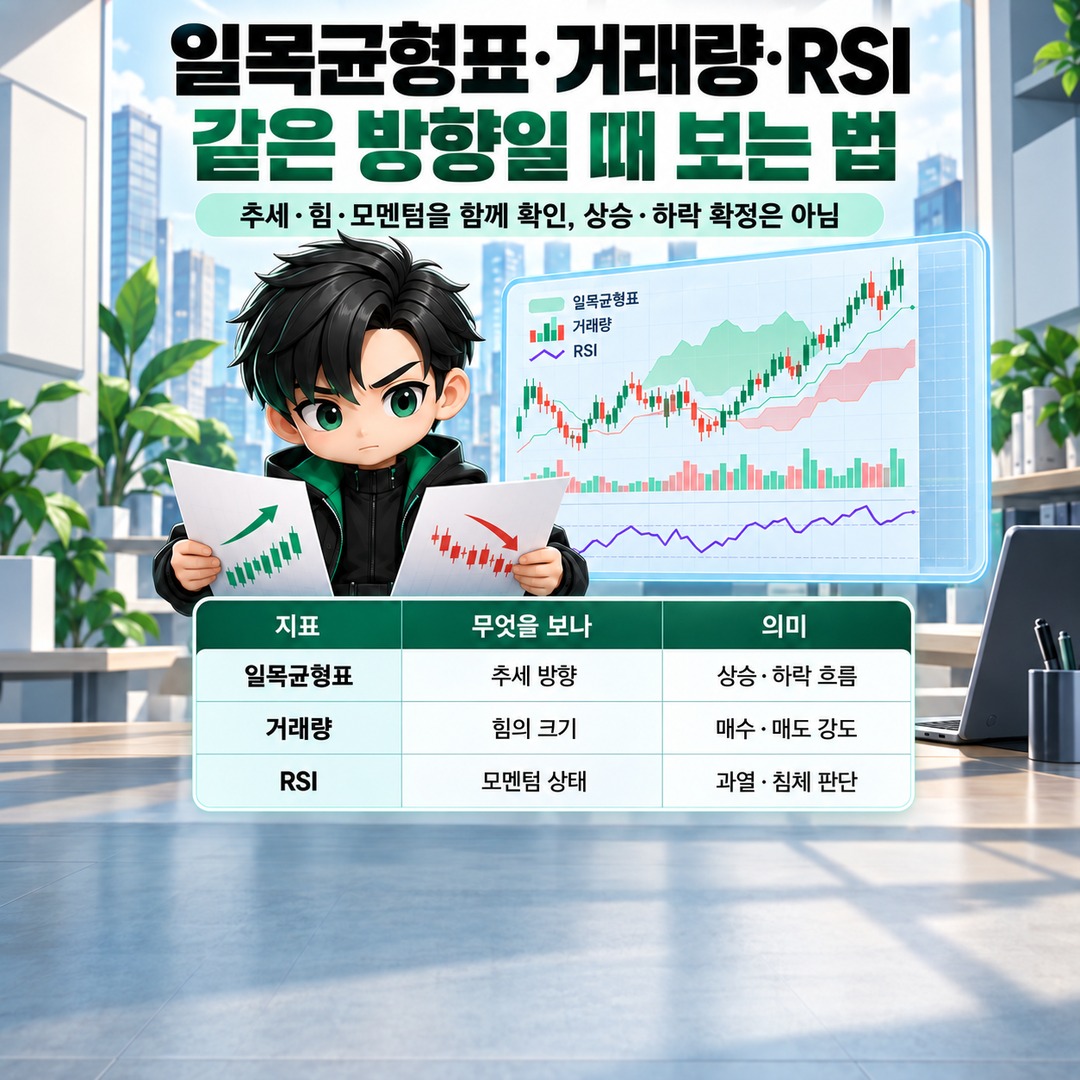 일목균형표·거래량·RSI로 상승 하락을 읽는 법, 세 지표가 같은 방향일 때 봐야 할 것 - 하락 쪽 신호도 같은 원리로 확인한다 핵심 내용을 정리한 정보형 이미지
