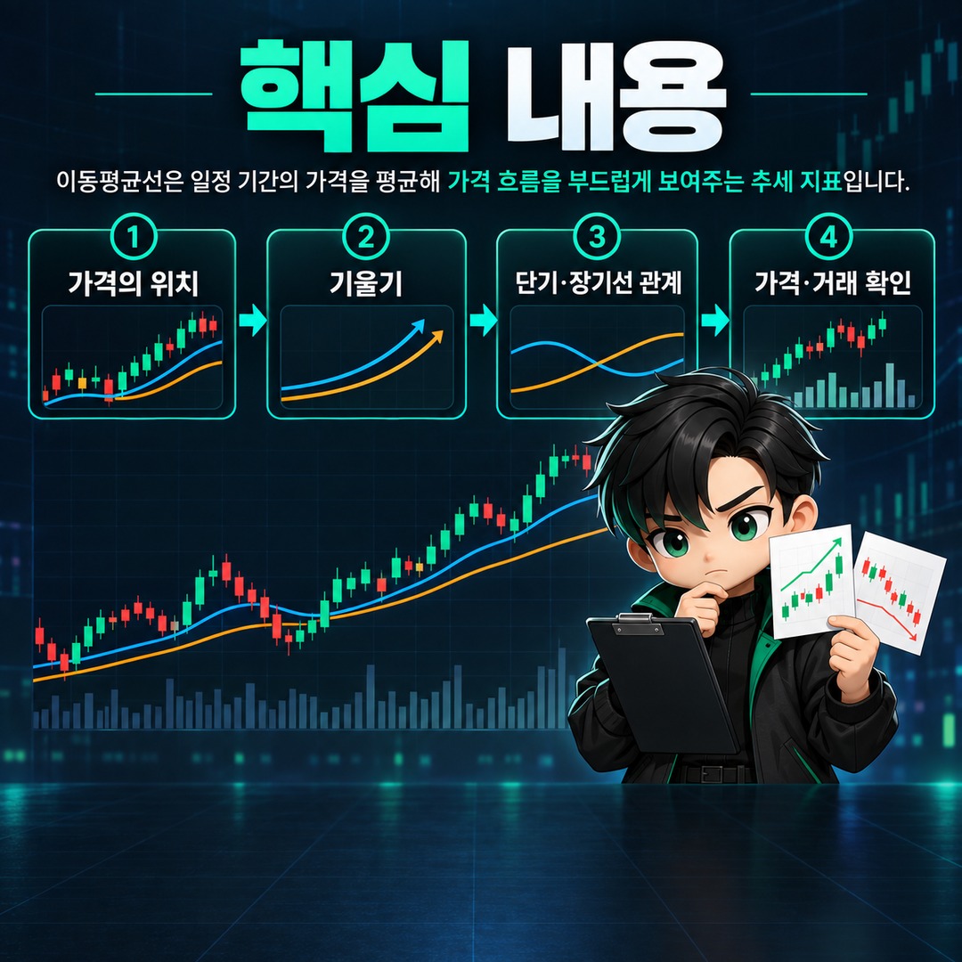 이동평균선 분석기법, 골든크로스보다 먼저 봐야 할 4가지 - 핵심 내용 핵심 내용을 정리한 정보형 이미지