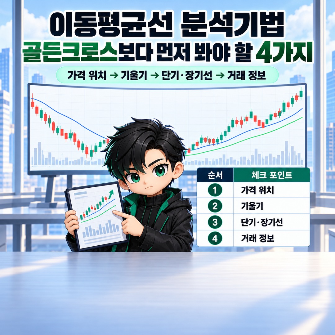 이동평균선 분석기법, 골든크로스보다 먼저 봐야 할 4가지 - SMA와 EMA의 차이는 최근 가격에 주는 비중이다 핵심 내용을 정리한 정보형 이미지