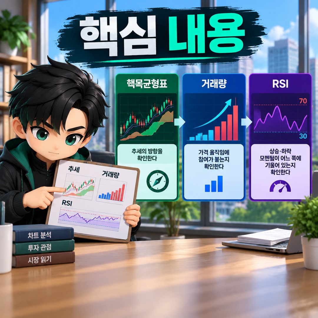 일목균형표·거래량·RSI로 상승 하락을 읽는 법, 방향·힘·과열을 따로 보면 쉽다 - 핵심 내용 핵심 내용을 정리한 정보형 이미지