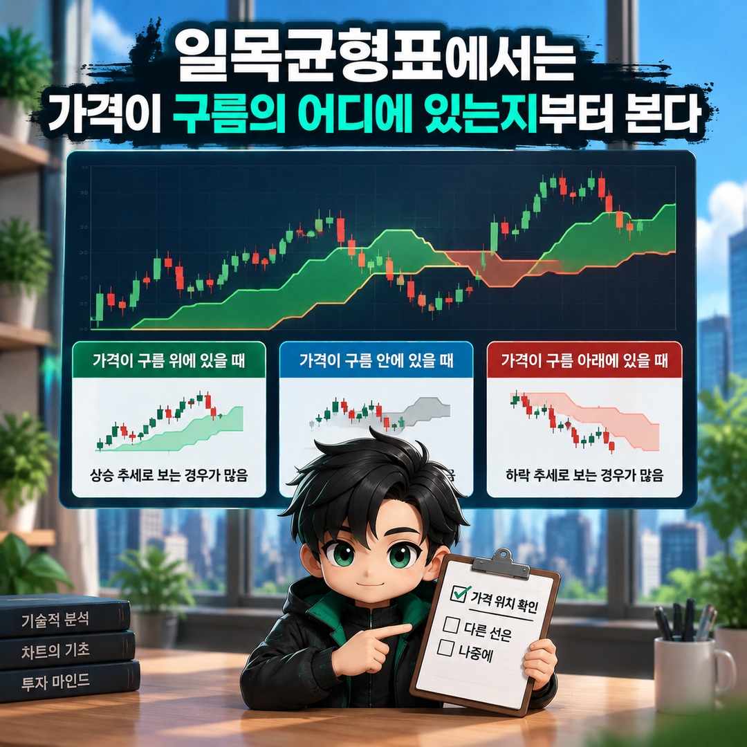 일목균형표·거래량·RSI로 상승 하락을 읽는 법, 방향·힘·과열을 따로 보면 쉽다 - 일목균형표에서는 가격이 구름의 어디에 있는지부터 본다 핵심 내용을 정리한 정보형 이미지
