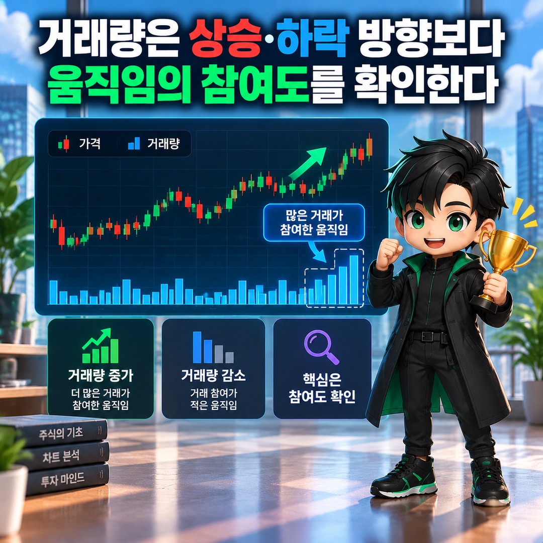 일목균형표·거래량·RSI로 상승 하락을 읽는 법, 방향·힘·과열을 따로 보면 쉽다 - 거래량은 상승·하락 방향보다 움직임의 참여도를 확인한다 핵심 내용을 정리한 정보형 이미지