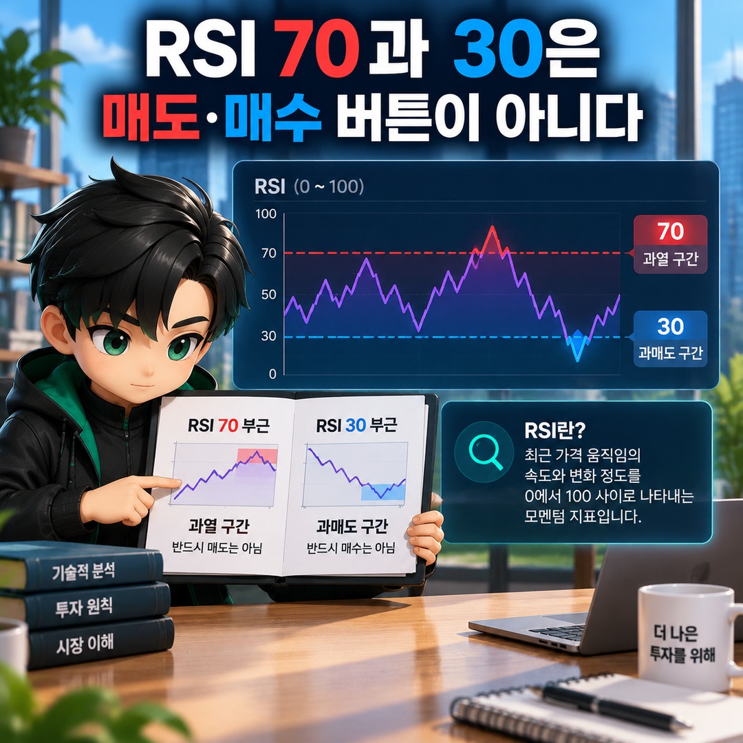 일목균형표·거래량·RSI로 상승 하락을 읽는 법, 방향·힘·과열을 따로 보면 쉽다 - RSI 70과 30은 매도·매수 버튼이 아니다 핵심 내용을 정리한 정보형 이미지