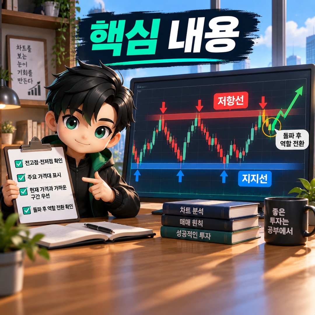 지지선·저항선 찾는 법, 전고점·전저점부터 역할 전환까지 보는 순서 - 핵심 내용 핵심 내용을 정리한 정보형 이미지
