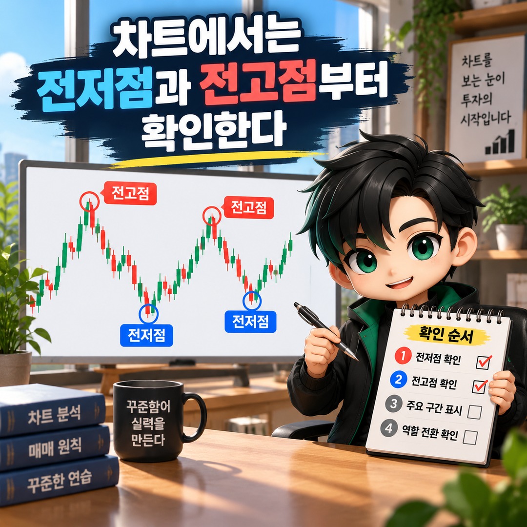 지지선·저항선 찾는 법, 전고점·전저점부터 역할 전환까지 보는 순서 - 차트에서는 전저점과 전고점부터 확인한다 핵심 내용을 정리한 정보형 이미지