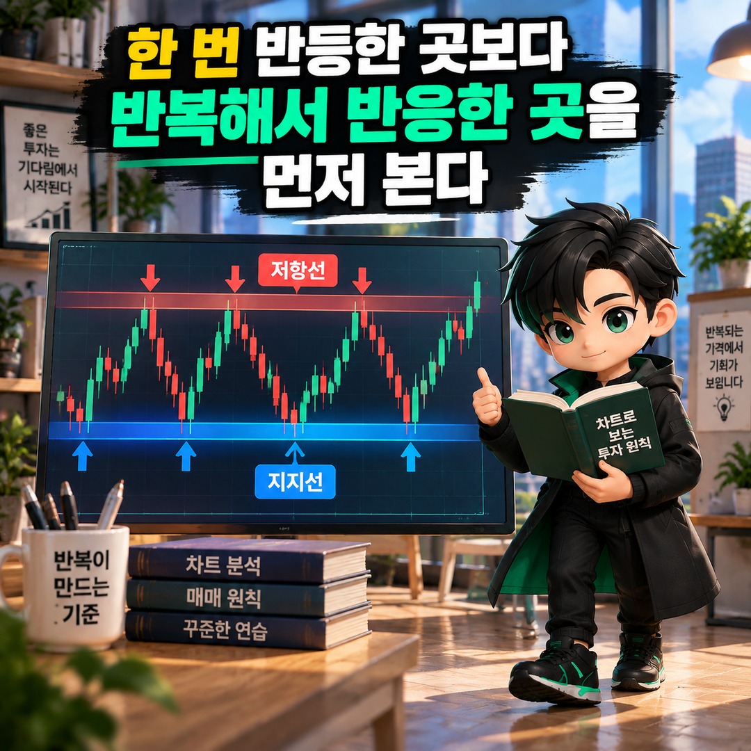 지지선·저항선 찾는 법, 전고점·전저점부터 역할 전환까지 보는 순서 - 한 번 반등한 곳보다 반복해서 반응한 곳을 먼저 본다 핵심 내용을 정리한 정보형 이미지