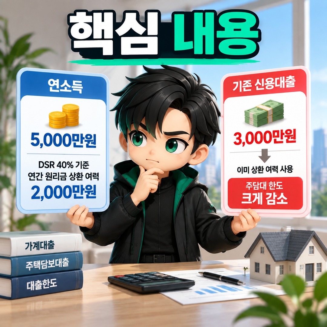 연봉 5000만원에 신용대출 3000만원 있으면 주담대 한도 얼마나 줄어들까 - 핵심 내용 핵심 내용을 정리한 정보형 이미지