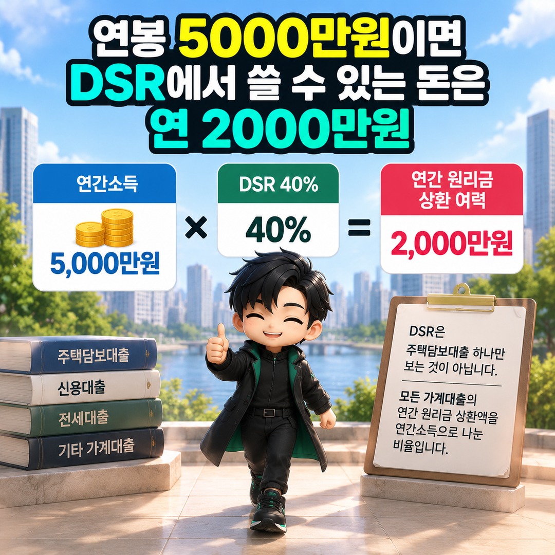 연봉 5000만원에 신용대출 3000만원 있으면 주담대 한도 얼마나 줄어들까 - 연봉 5000만원이면 DSR에서 쓸 수 있는 돈은 연 2000만원 핵심 내용을 정리한 정보형 이미지