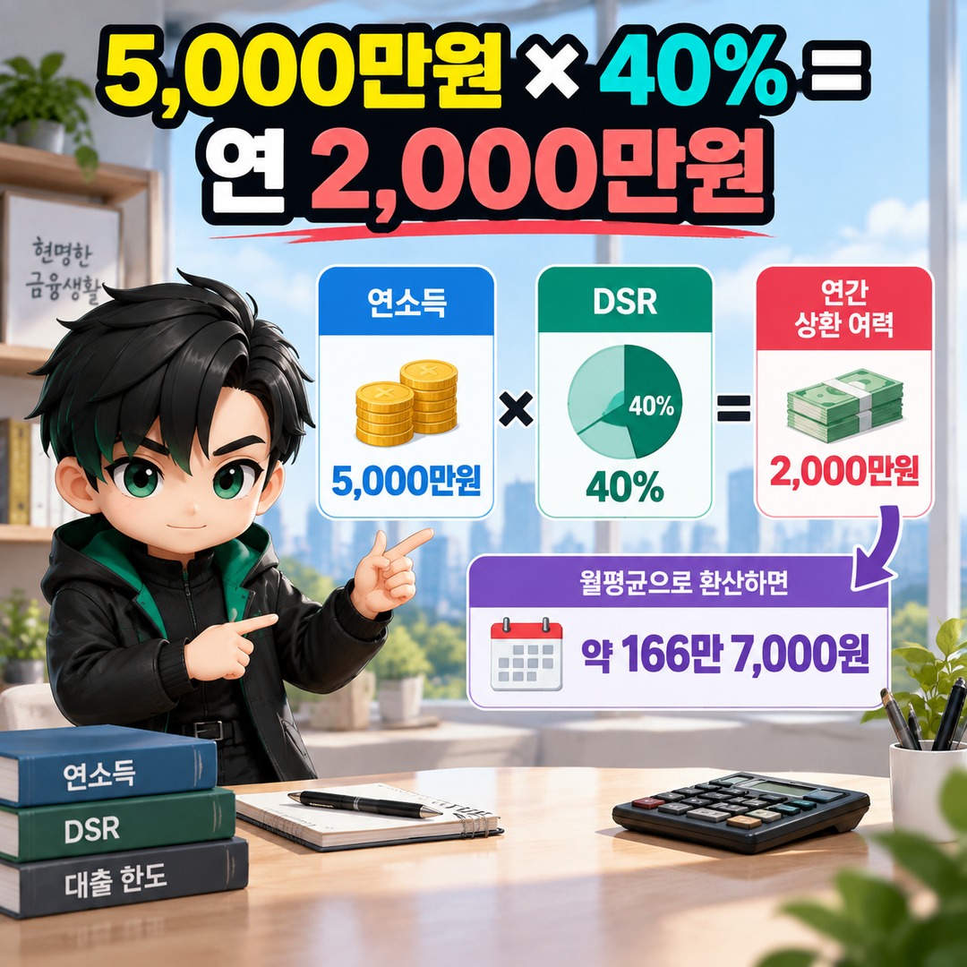 연봉 5000만원에 신용대출 3000만원 있으면 주담대 한도 얼마나 줄어들까 - 5,000만원 × 40% = 연 2,000만원 핵심 내용을 정리한 정보형 이미지