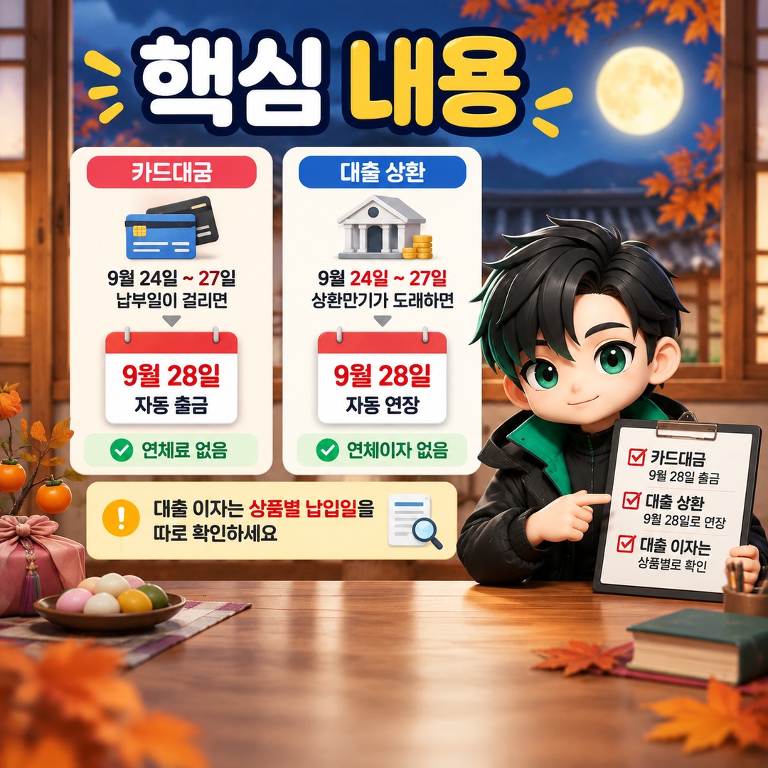 추석 연휴 카드대금은 9월 28일 출금, 대출이자는 상품별 납입일을 따로 확인하세요 - 핵심 내용 핵심 내용을 정리한 정보형 이미지