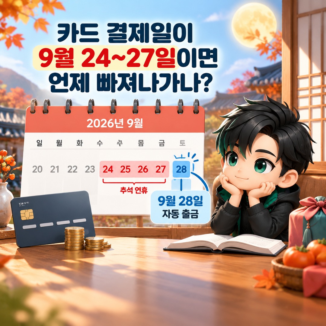추석 연휴 카드대금은 9월 28일 출금, 대출이자는 상품별 납입일을 따로 확인하세요 - 카드 결제일이 9월 24~27일이면 언제 빠져나가나 핵심 내용을 정리한 정보형 이미지