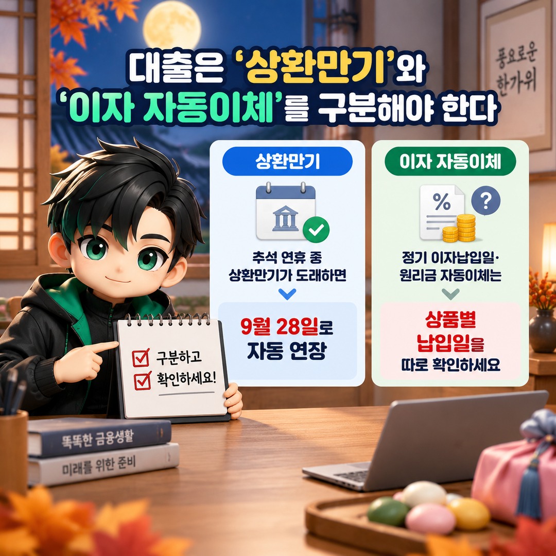 추석 연휴 카드대금은 9월 28일 출금, 대출이자는 상품별 납입일을 따로 확인하세요 - 대출은 '상환만기'와 '이자 자동이체'를 구분해야 한다 핵심 내용을 정리한 정보형 이미지