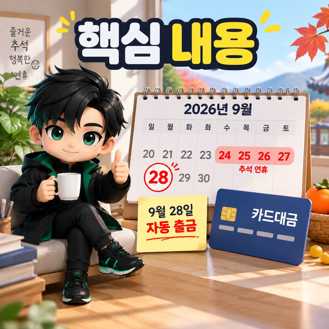 9월 28일 카드대금, 돈은 언제까지 넣어야 할까? 당일 입금이 늦으면 출금 안 될 수 있다 - 핵심 내용 핵심 내용을 정리한 정보형 이미지