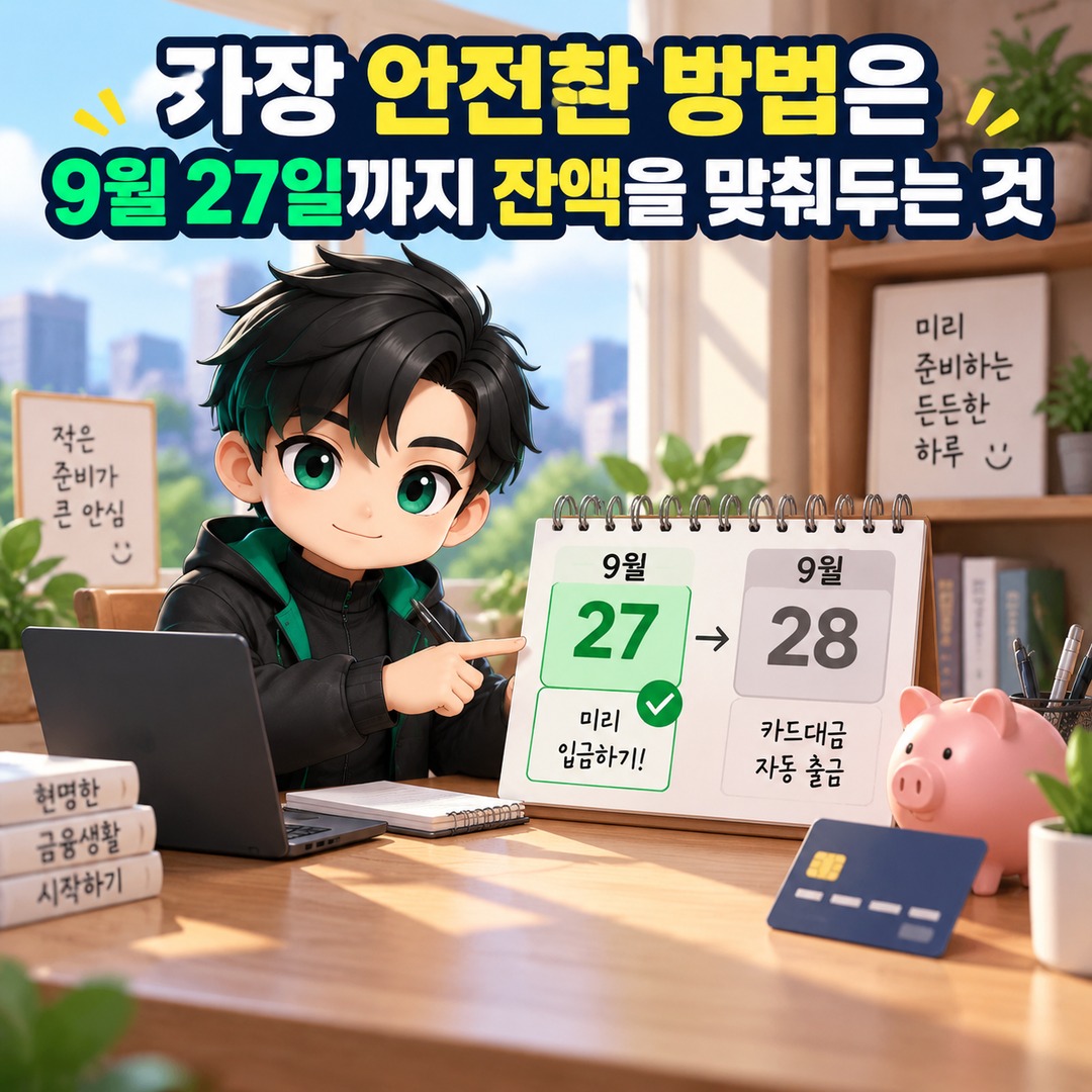 9월 28일 카드대금, 돈은 언제까지 넣어야 할까? 당일 입금이 늦으면 출금 안 될 수 있다 - 가장 안전한 방법은 9월 27일까지 잔액을 맞춰두는 것 핵심 내용을 정리한 정보형 이미지