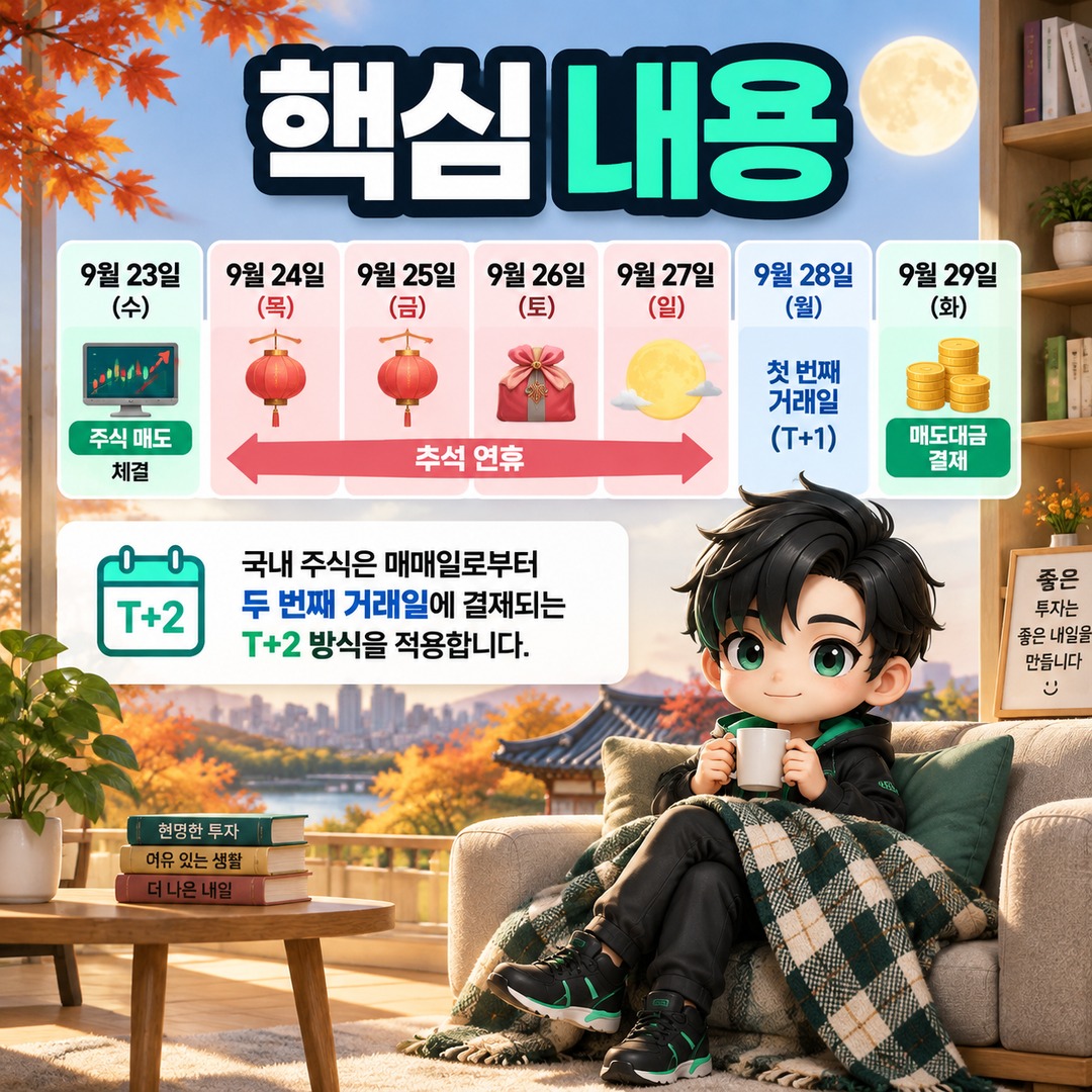 9월 23일 주식 매도대금, 추석 연휴 지나 29일 결제되는 이유 - 핵심 내용 핵심 내용을 정리한 정보형 이미지