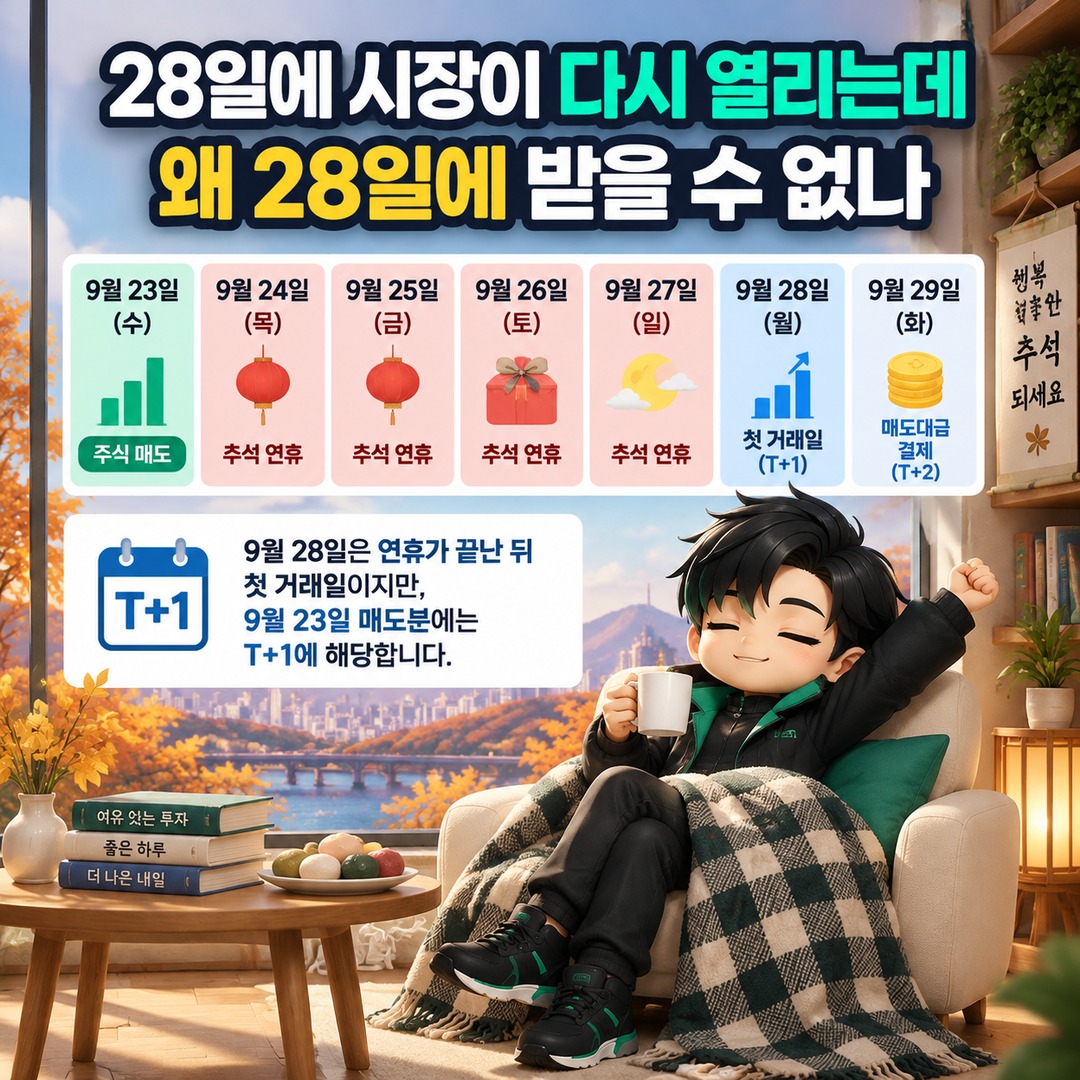 9월 23일 주식 매도대금, 추석 연휴 지나 29일 결제되는 이유 - 28일에 시장이 다시 열리는데 왜 28일에 받을 수 없나 핵심 내용을 정리한 정보형 이미지