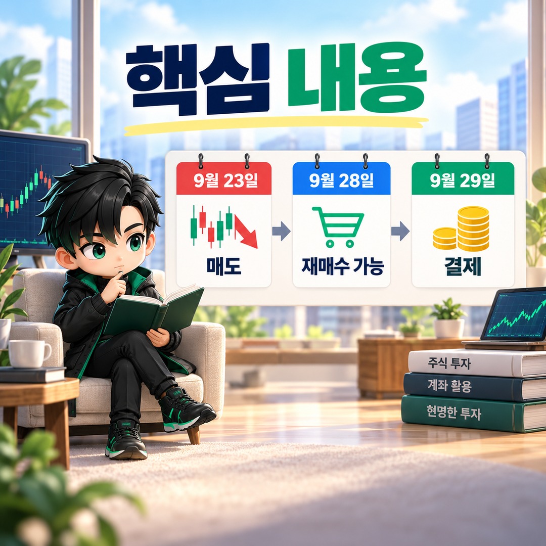9월 23일 매도대금, 29일 결제 전 28일에 다시 주식 살 수 있을까? - 핵심 내용 핵심 내용을 정리한 정보형 이미지