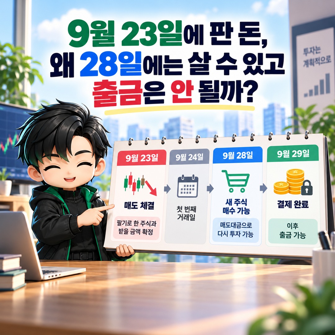 9월 23일 매도대금, 29일 결제 전 28일에 다시 주식 살 수 있을까? - 9월 23일에 판 돈, 왜 28일에는 살 수 있고 출금은 안 될까? 핵심 내용을 정리한 정보형 이미지
