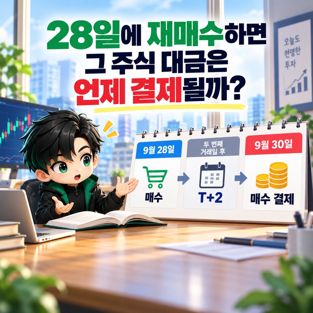 9월 23일 매도대금, 29일 결제 전 28일에 다시 주식 살 수 있을까? - 28일에 재매수하면 그 주식 대금은 언제 결제될까? 핵심 내용을 정리한 정보형 이미지