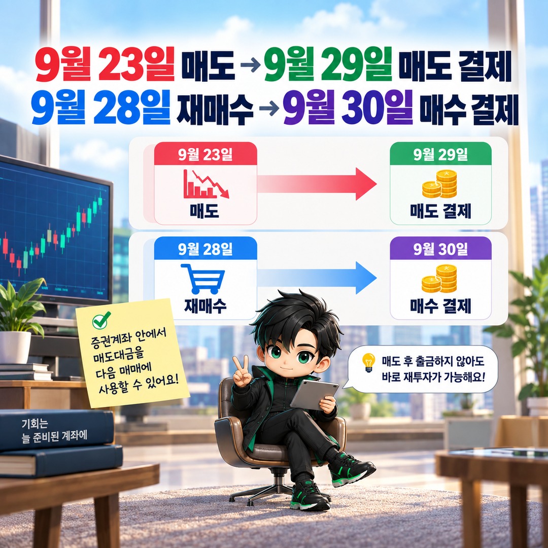 9월 23일 매도대금, 29일 결제 전 28일에 다시 주식 살 수 있을까? - 9월 23일 매도 → 9월 29일 매도 결제9월 28일 재매수 → 9월 30일 매수 결제 핵심 내용을 정리한 정보형 이미지