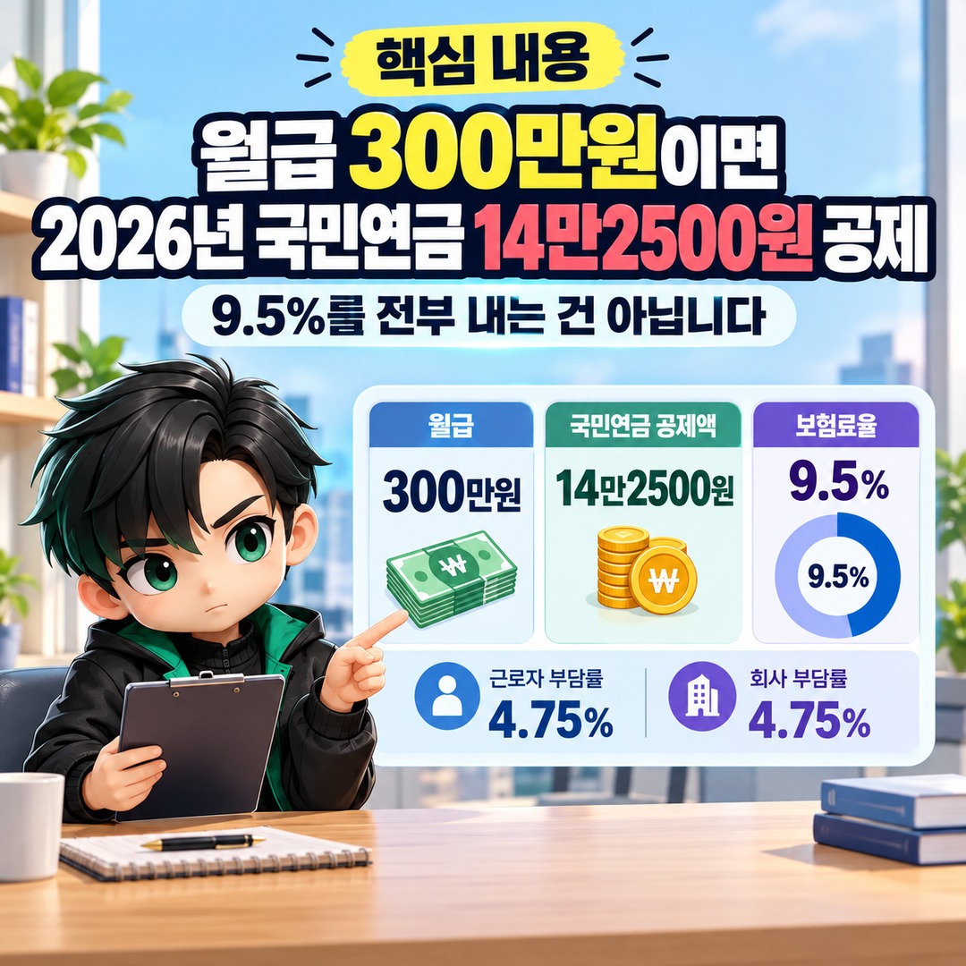 월급 300만원이면 2026년 국민연금 14만2500원 공제, 9.5%를 전부 내는 건 아닙니다 - 핵심 내용 핵심 내용을 정리한 정보형 이미지