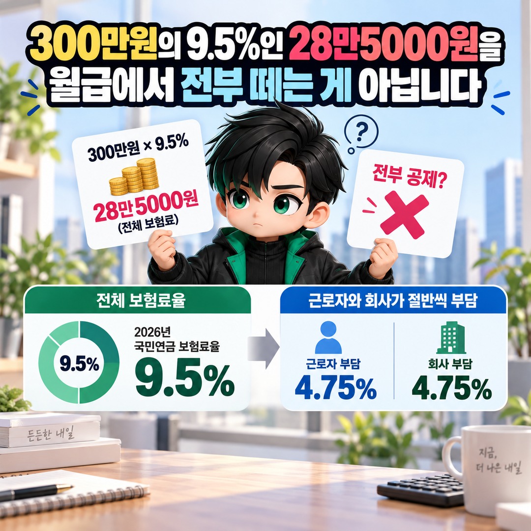 월급 300만원이면 2026년 국민연금 14만2500원 공제, 9.5%를 전부 내는 건 아닙니다 - 300만원의 9.5%인 28만5000원을 월급에서 전부 떼는 게 아닙니다 핵심 내용을 정리한 정보형 이미지