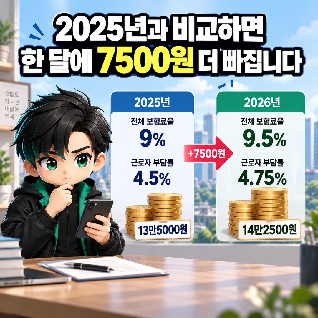 월급 300만원이면 2026년 국민연금 14만2500원 공제, 9.5%를 전부 내는 건 아닙니다 - 2025년과 비교하면 한 달에 7500원 더 빠집니다 핵심 내용을 정리한 정보형 이미지