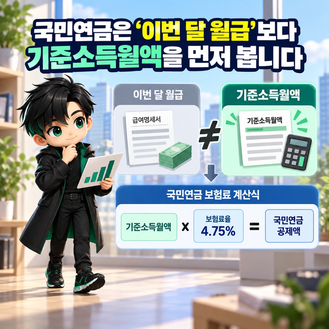 국민연금 공제액이 월급×4.75%와 다른 이유, 기준소득월액은 이렇게 정해집니다 - 국민연금은 ‘이번 달 월급’보다 기준소득월액을 먼저 봅니다 핵심 내용을 정리한 정보형 이미지