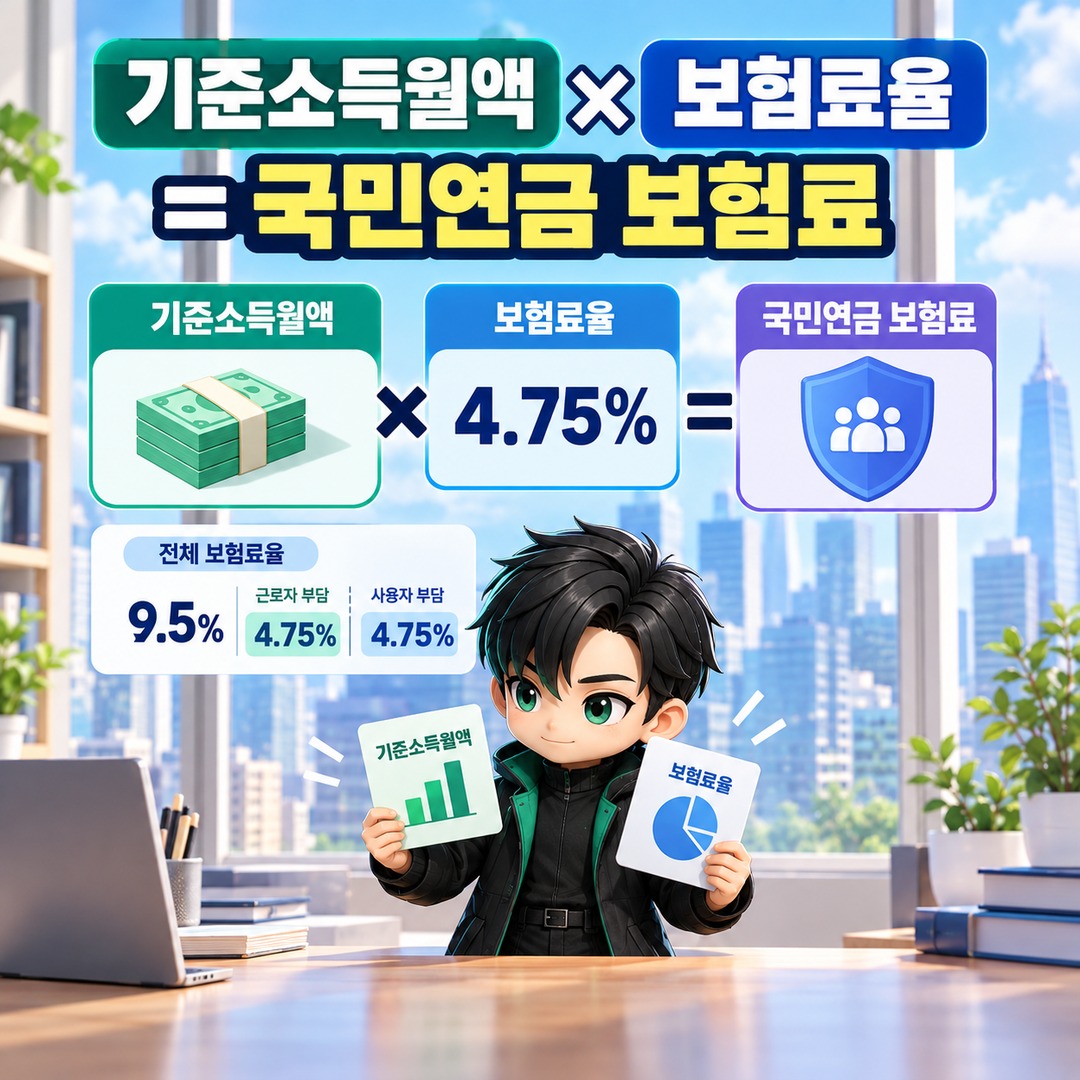 국민연금 공제액이 월급×4.75%와 다른 이유, 기준소득월액은 이렇게 정해집니다 - 기준소득월액 × 보험료율 = 국민연금 보험료 핵심 내용을 정리한 정보형 이미지