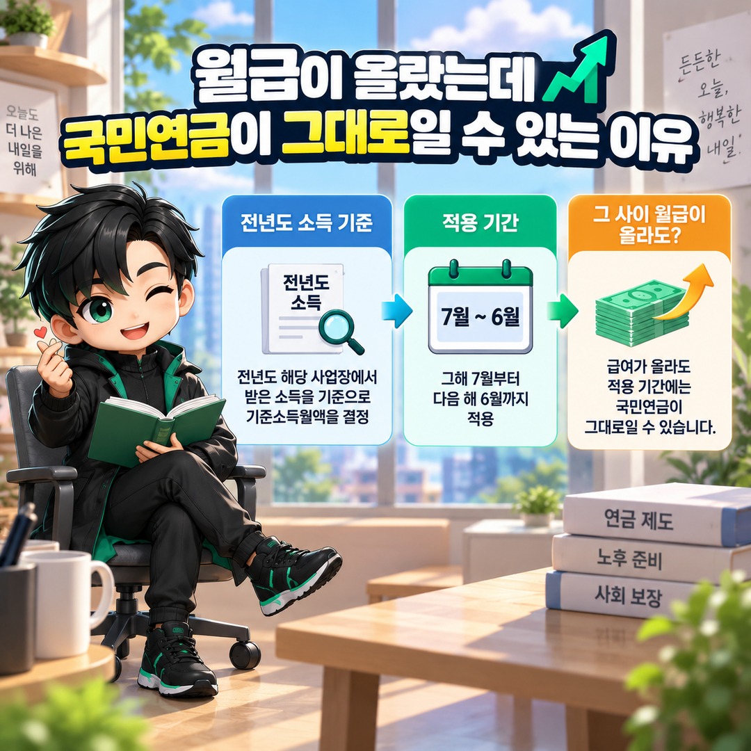 국민연금 공제액이 월급×4.75%와 다른 이유, 기준소득월액은 이렇게 정해집니다 - 월급이 올랐는데 국민연금이 그대로일 수 있는 이유 핵심 내용을 정리한 정보형 이미지