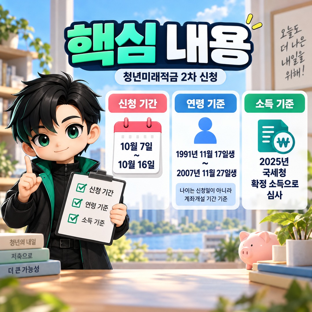 청년미래적금 2차 신청, 내 소득·나이면 가입 대상일까? 2025년 소득과 생년월일 기준 - 핵심 내용 핵심 내용을 정리한 정보형 이미지