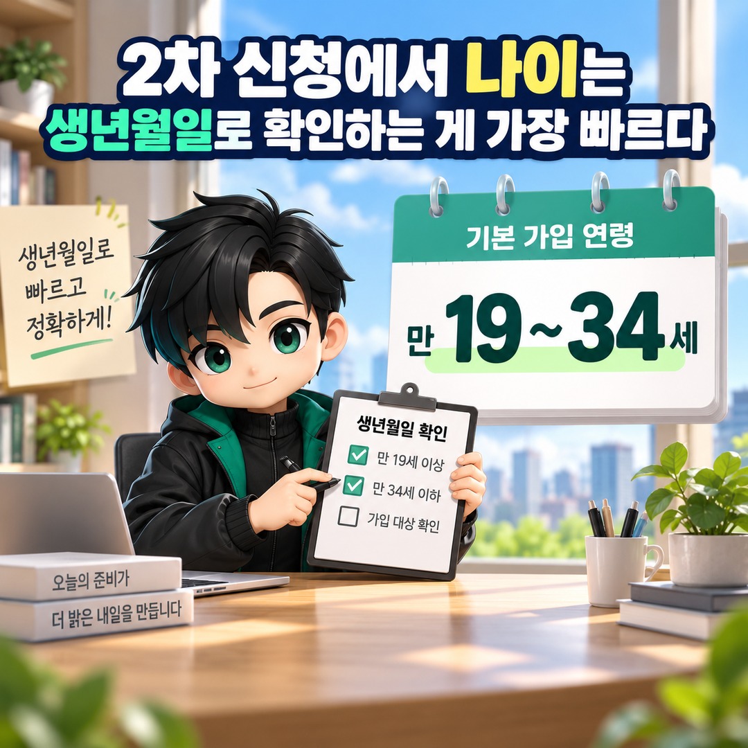 청년미래적금 2차 신청, 내 소득·나이면 가입 대상일까? 2025년 소득과 생년월일 기준 - 2차 신청에서 나이는 생년월일로 확인하는 게 가장 빠르다 핵심 내용을 정리한 정보형 이미지