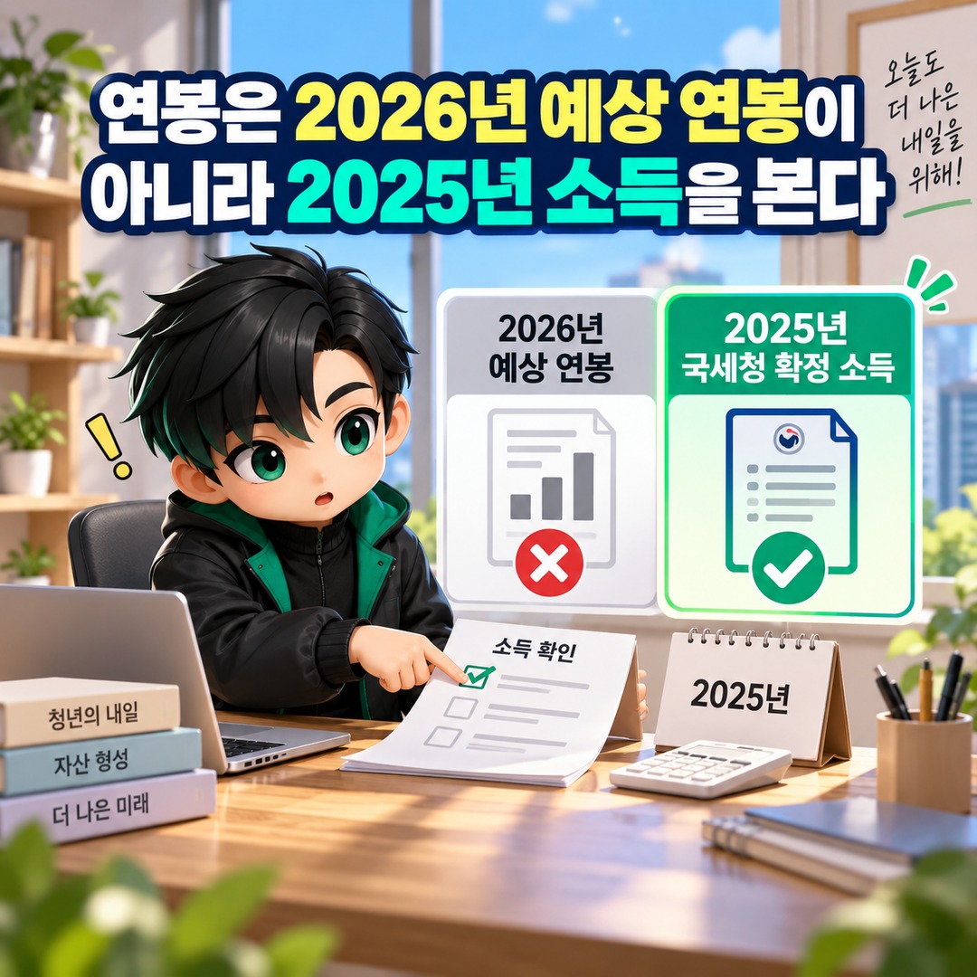 청년미래적금 2차 신청, 내 소득·나이면 가입 대상일까? 2025년 소득과 생년월일 기준 - 연봉은 2026년 예상 연봉이 아니라 2025년 소득을 본다 핵심 내용을 정리한 정보형 이미지