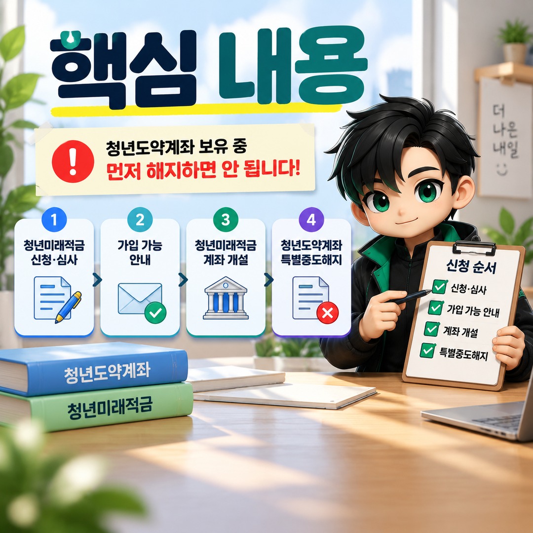 청년도약계좌에서 청년미래적금 2차로 갈아타기, 먼저 해지하면 안 되는 이유와 순서 - 핵심 내용 핵심 내용을 정리한 정보형 이미지