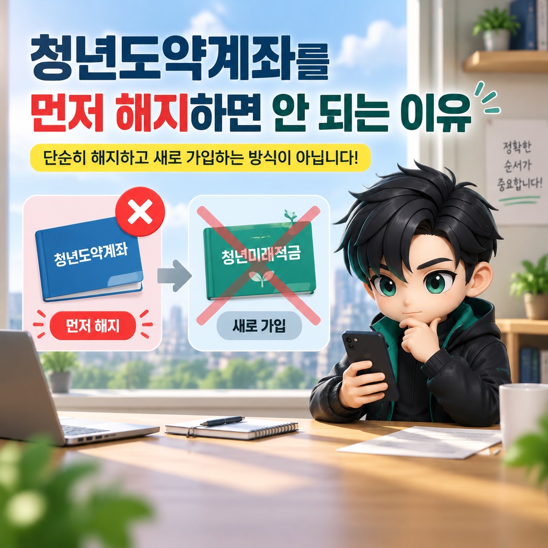 청년도약계좌에서 청년미래적금 2차로 갈아타기, 먼저 해지하면 안 되는 이유와 순서 - 청년도약계좌를 먼저 해지하면 안 되는 이유 핵심 내용을 정리한 정보형 이미지