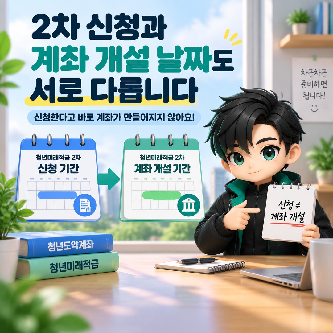 청년도약계좌에서 청년미래적금 2차로 갈아타기, 먼저 해지하면 안 되는 이유와 순서 - 2차 신청과 계좌 개설 날짜도 서로 다릅니다 핵심 내용을 정리한 정보형 이미지