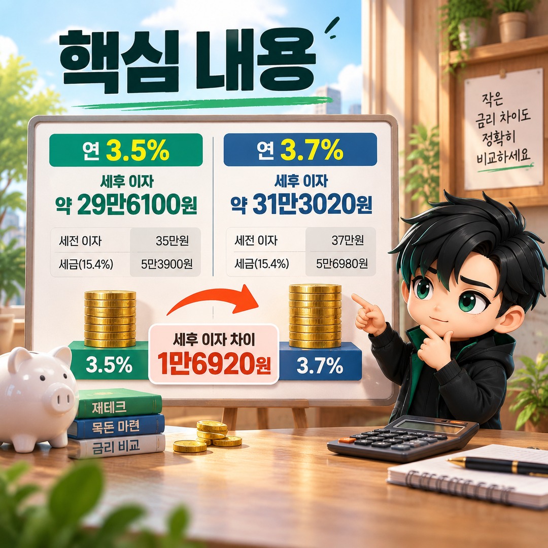 정기예금 3.5%와 3.7%, 1천만원 1년 맡기면 세후 이자 차이는 1만6920원 - 핵심 내용 핵심 내용을 정리한 정보형 이미지
