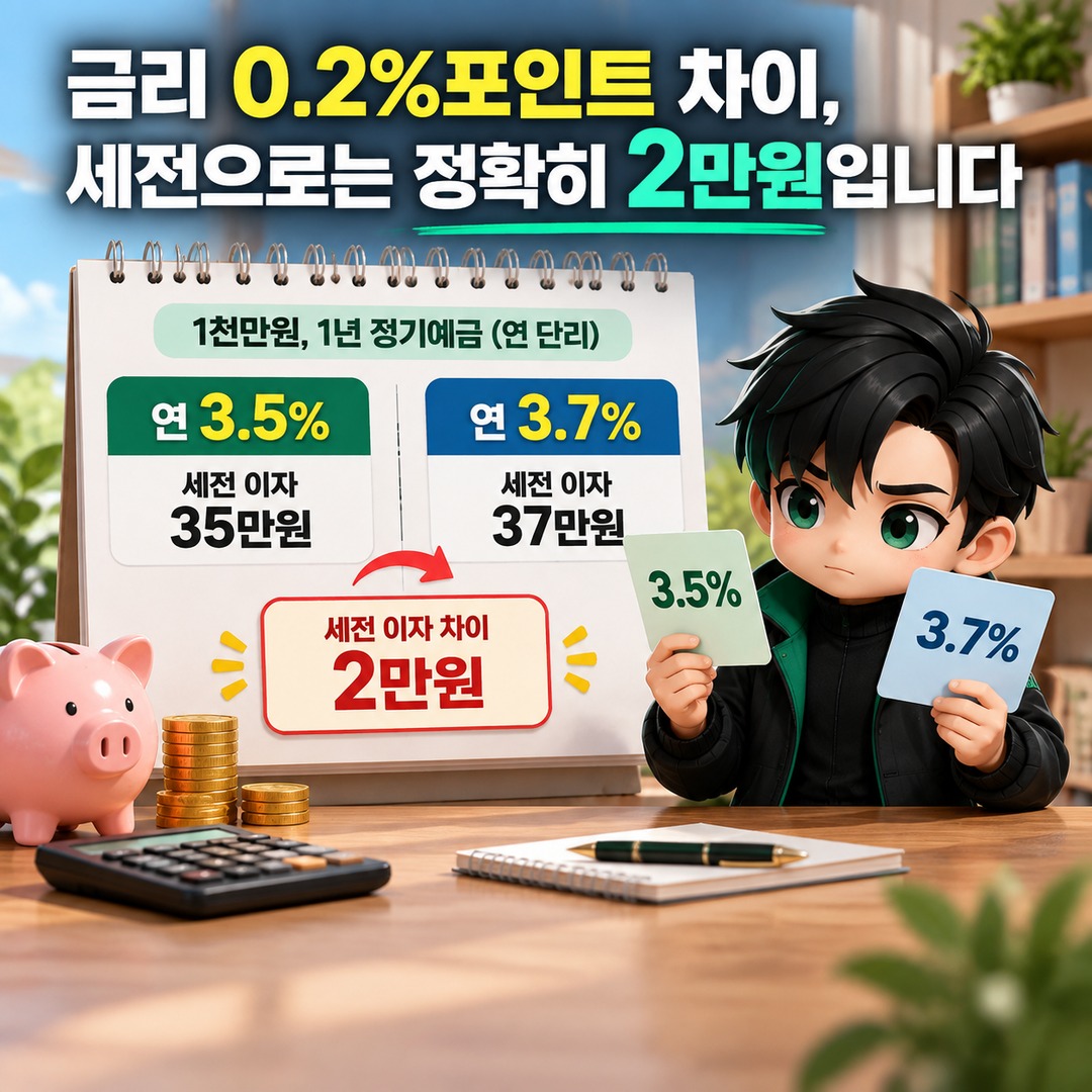 정기예금 3.5%와 3.7%, 1천만원 1년 맡기면 세후 이자 차이는 1만6920원 - 금리 0.2%포인트 차이, 세전으로는 정확히 2만원입니다 핵심 내용을 정리한 정보형 이미지