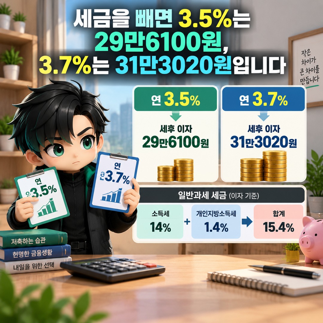 정기예금 3.5%와 3.7%, 1천만원 1년 맡기면 세후 이자 차이는 1만6920원 - 세금을 빼면 3.5%는 29만6100원, 3.7%는 31만3020원입니다 핵심 내용을 정리한 정보형 이미지