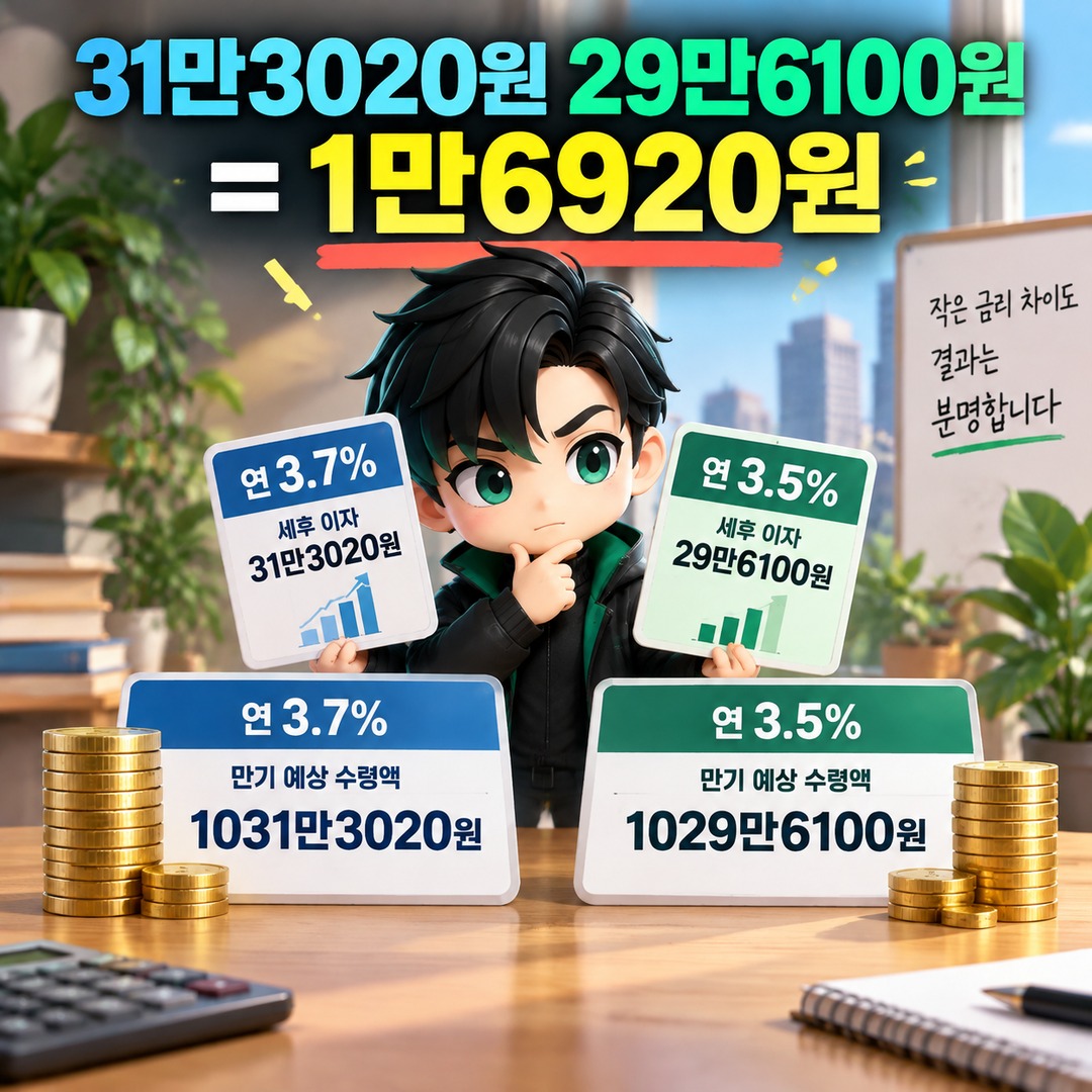 정기예금 3.5%와 3.7%, 1천만원 1년 맡기면 세후 이자 차이는 1만6920원 - 31만3020원 29만6100원 = 1만6920원 핵심 내용을 정리한 정보형 이미지