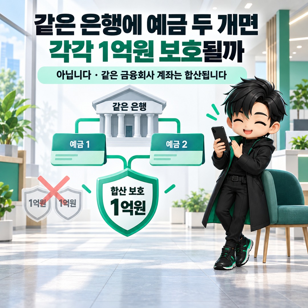 예금자보호 1억원, 원금 1억 넣으면 이자는? 같은 은행 여러 계좌까지 합산됩니다 - 같은 은행에 예금 두 개면 각각 1억원 보호될까 핵심 내용을 정리한 정보형 이미지