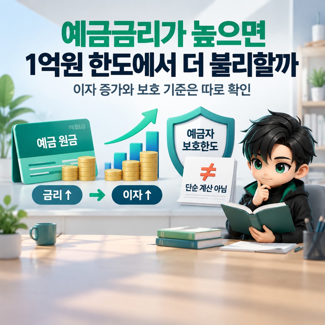 예금자보호 1억원, 원금 1억 넣으면 이자는? 같은 은행 여러 계좌까지 합산됩니다 - 예금금리가 높으면 1억원 한도에서 더 불리할까 핵심 내용을 정리한 정보형 이미지