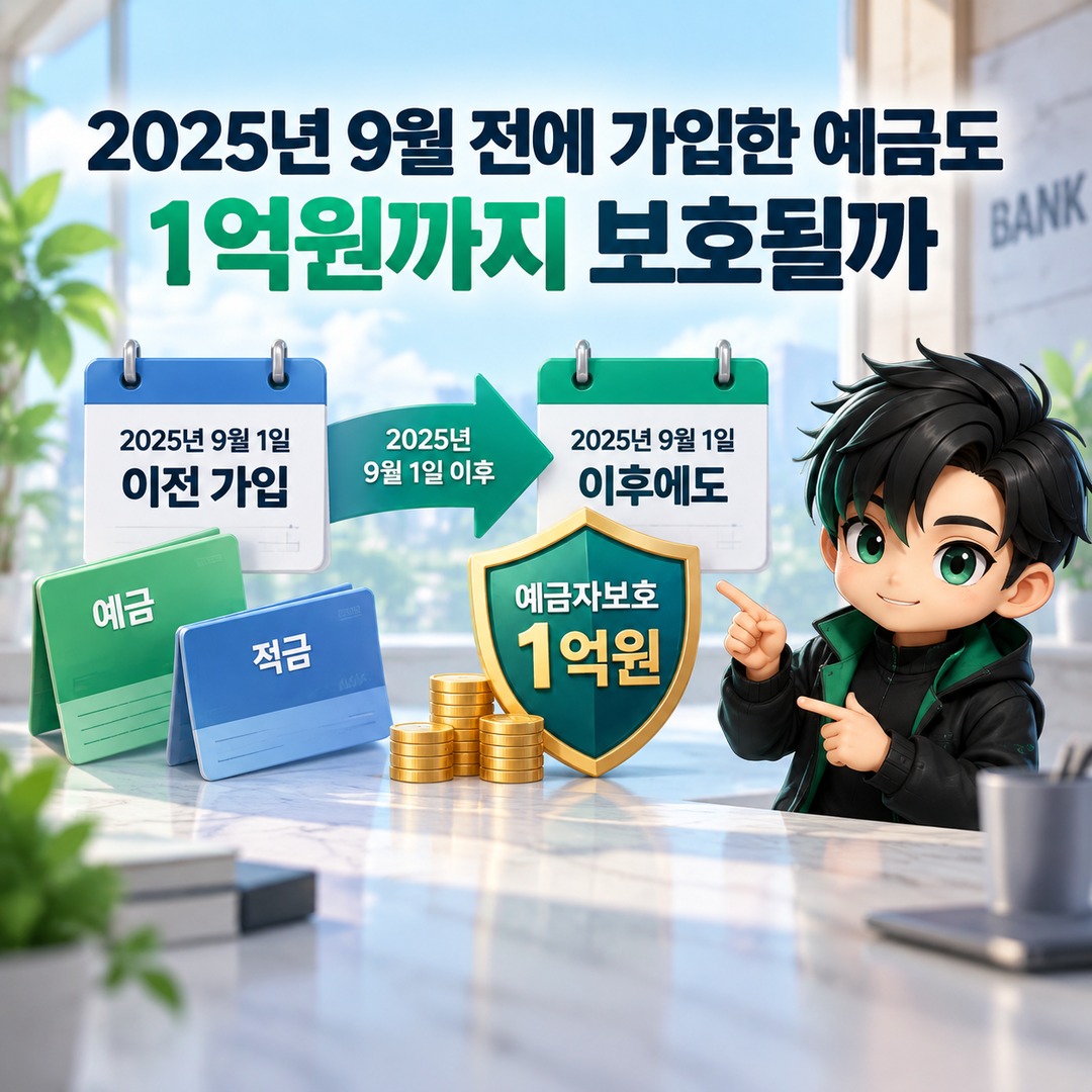 예금자보호 1억원, 원금 1억 넣으면 이자는? 같은 은행 여러 계좌까지 합산됩니다 - 2025년 9월 전에 가입한 예금도 1억원까지 보호될까 핵심 내용을 정리한 정보형 이미지
