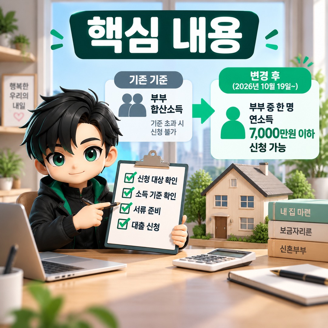 신혼부부 보금자리론, 합산소득 기준 넘어도 10월 19일부터 1인 7000만원 기준 적용 - 핵심 내용 핵심 내용을 정리한 정보형 이미지